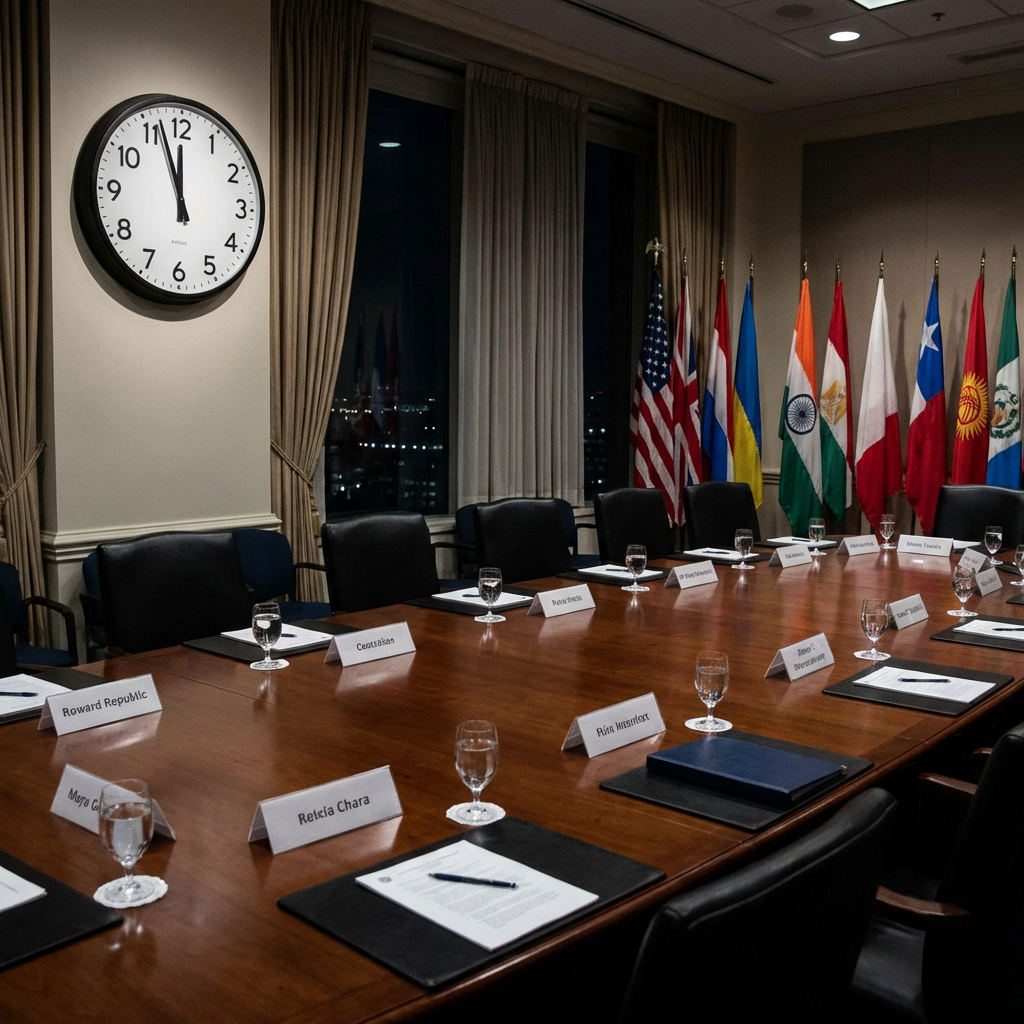 A formal boardroom table set with nameplates, water glasses, and international flags.