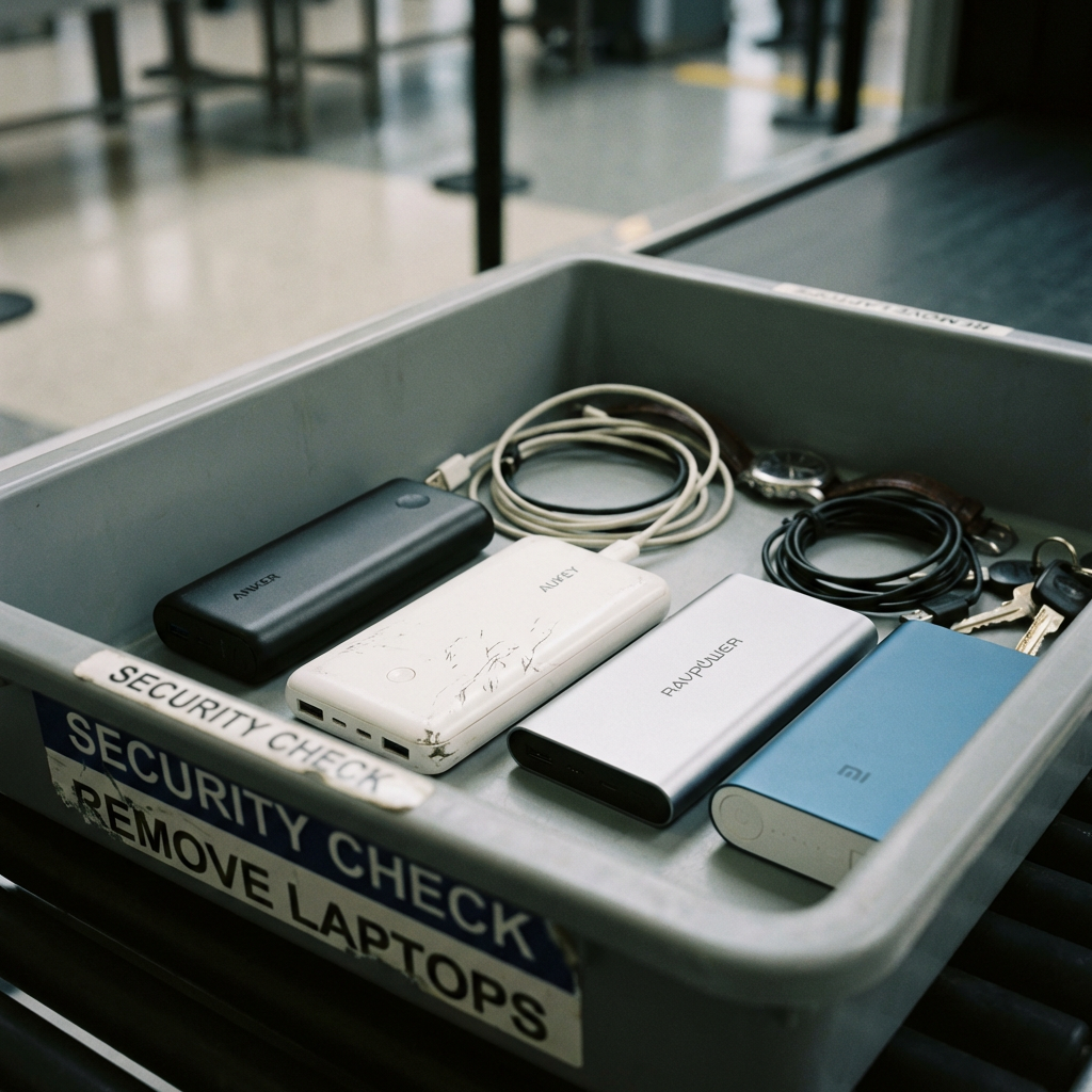 Security tray with power banks, charging cables, wristwatch, and keys
