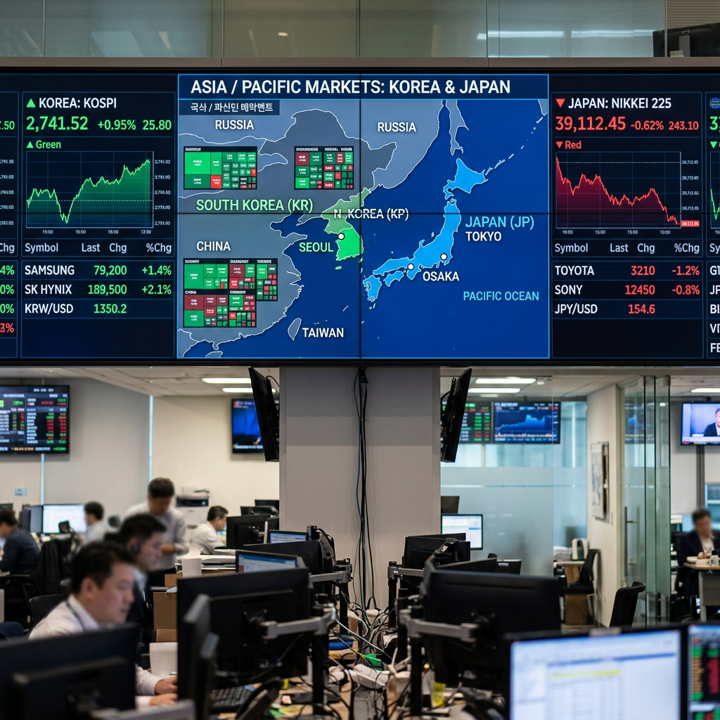 Stock market data displays showing Korea KOSPI and Japan Nikkei 225 indices with maps and market performance charts