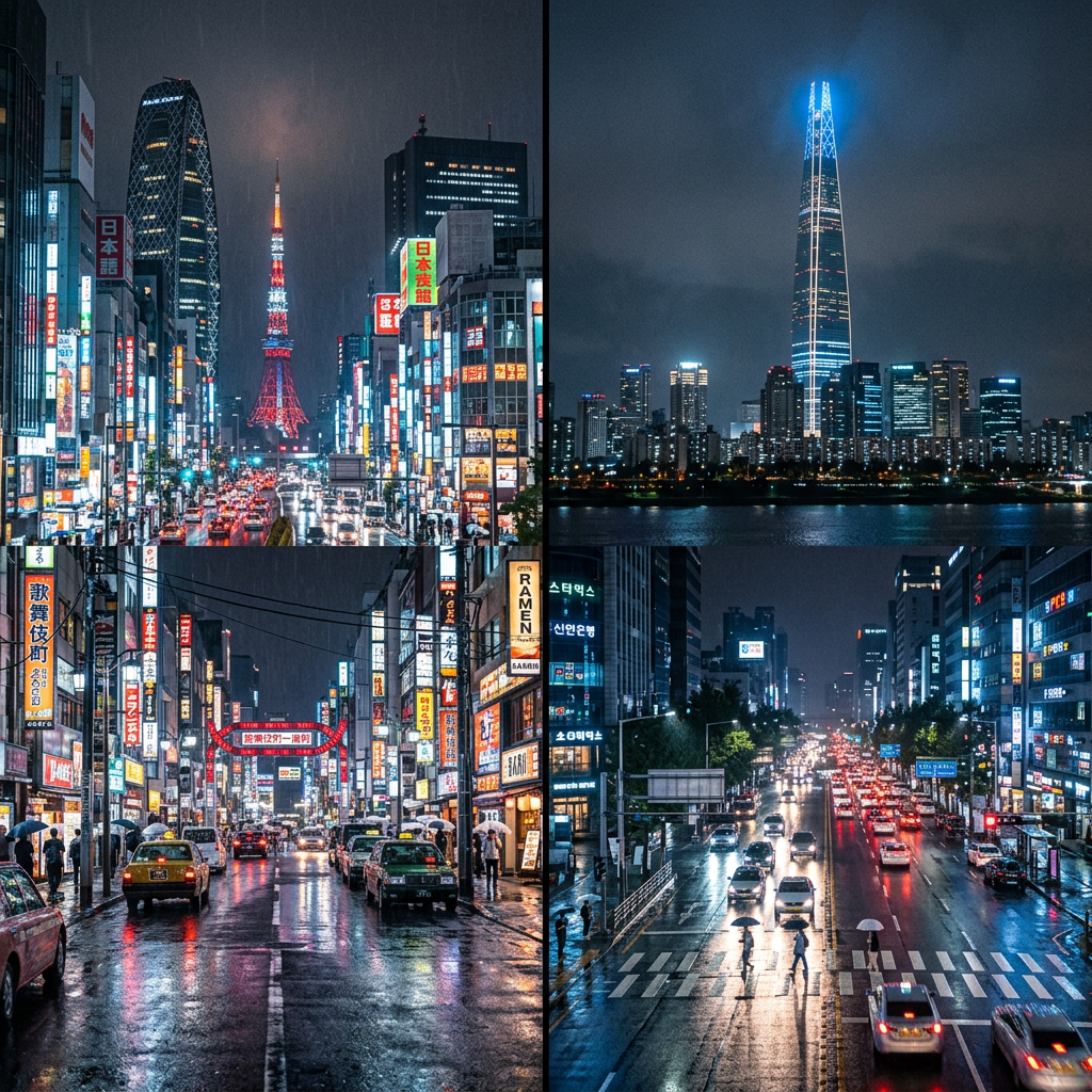 Tokyo streets with Tokyo Tower, Seoul skyline with Lotte Tower, and busy urban streets at night with wet roads