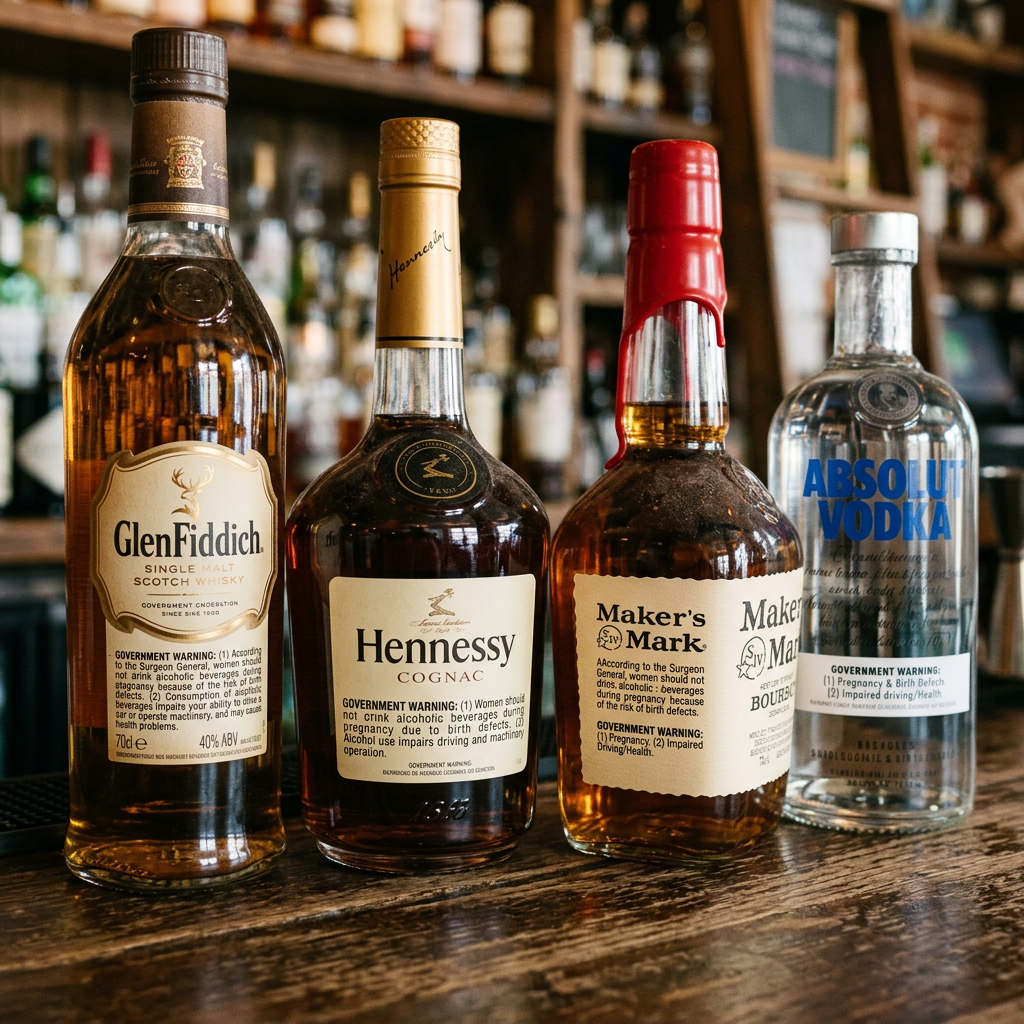 Bottles of GlenFiddich whisky, Hennessy cognac, Maker's Mark bourbon, and Absolut vodka on a bar counter