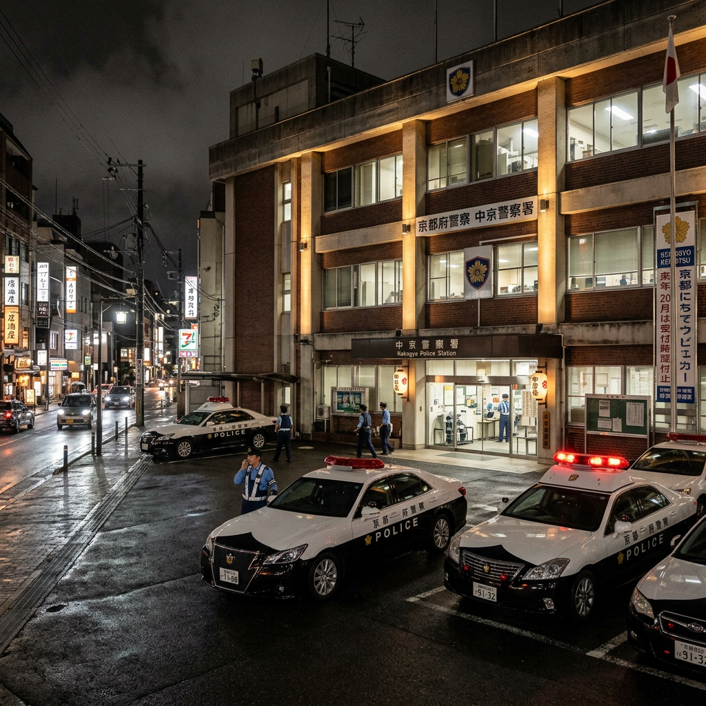 Police cars and officers outside Nakagyo Police Station in Kyoto at night