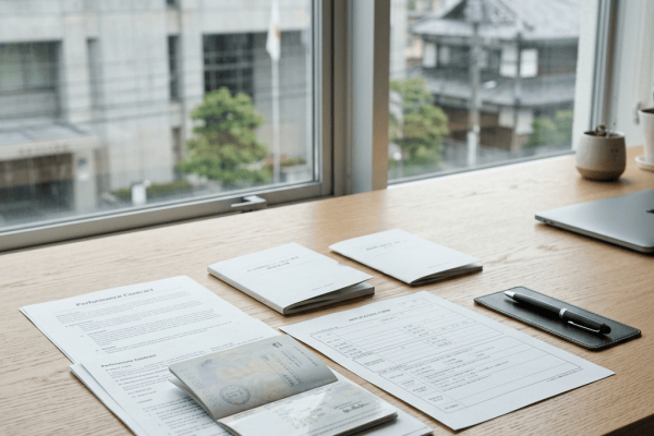 Travel documents, notebooks, passport, and pen on a wooden desk