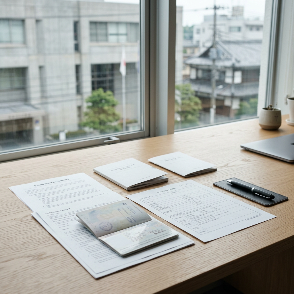 Travel documents, notebooks, passport, and pen on a wooden desk