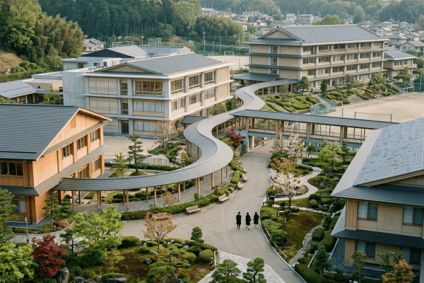 Japanese campus with traditional buildings, gardens, sports fields, and forested mountains