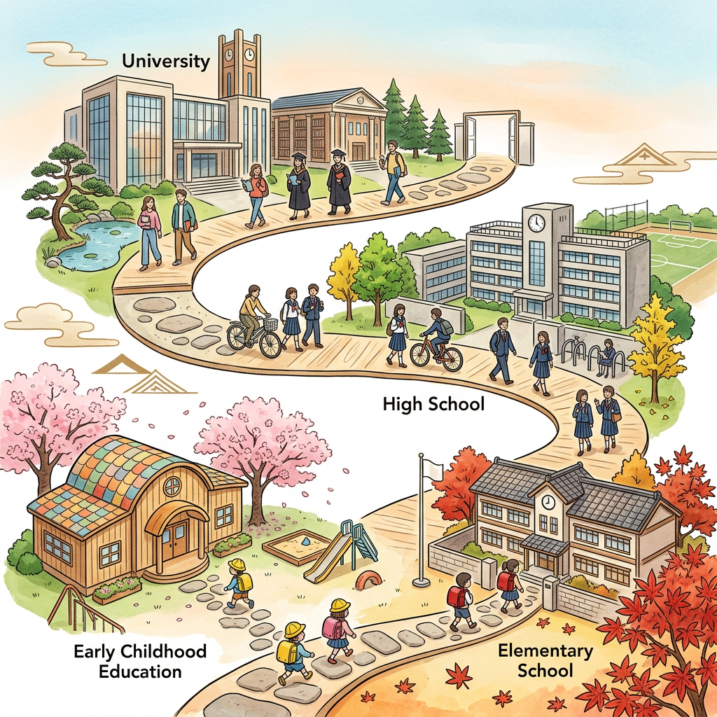 Illustrated pathway connecting early childhood, elementary, high school, and university campuses