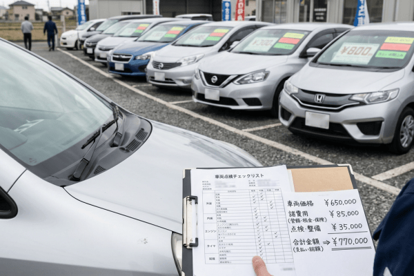 Japanese used-car lot with inspection checklist showing total cost ¥770,000