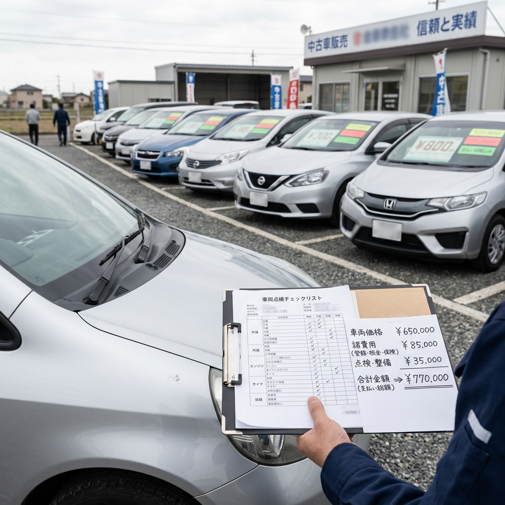 Japanese used-car lot with inspection checklist showing total cost ¥770,000