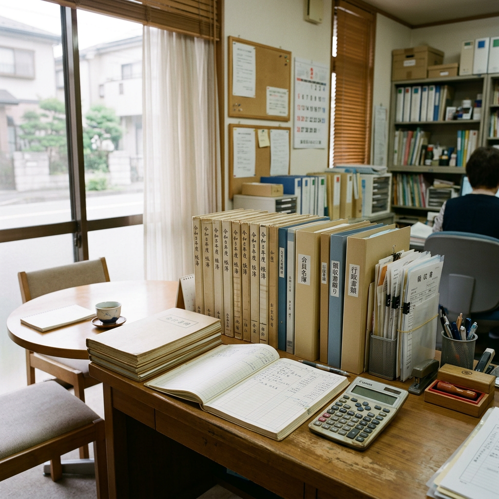Japanese office workspace with organized records, open ledger, and calculator